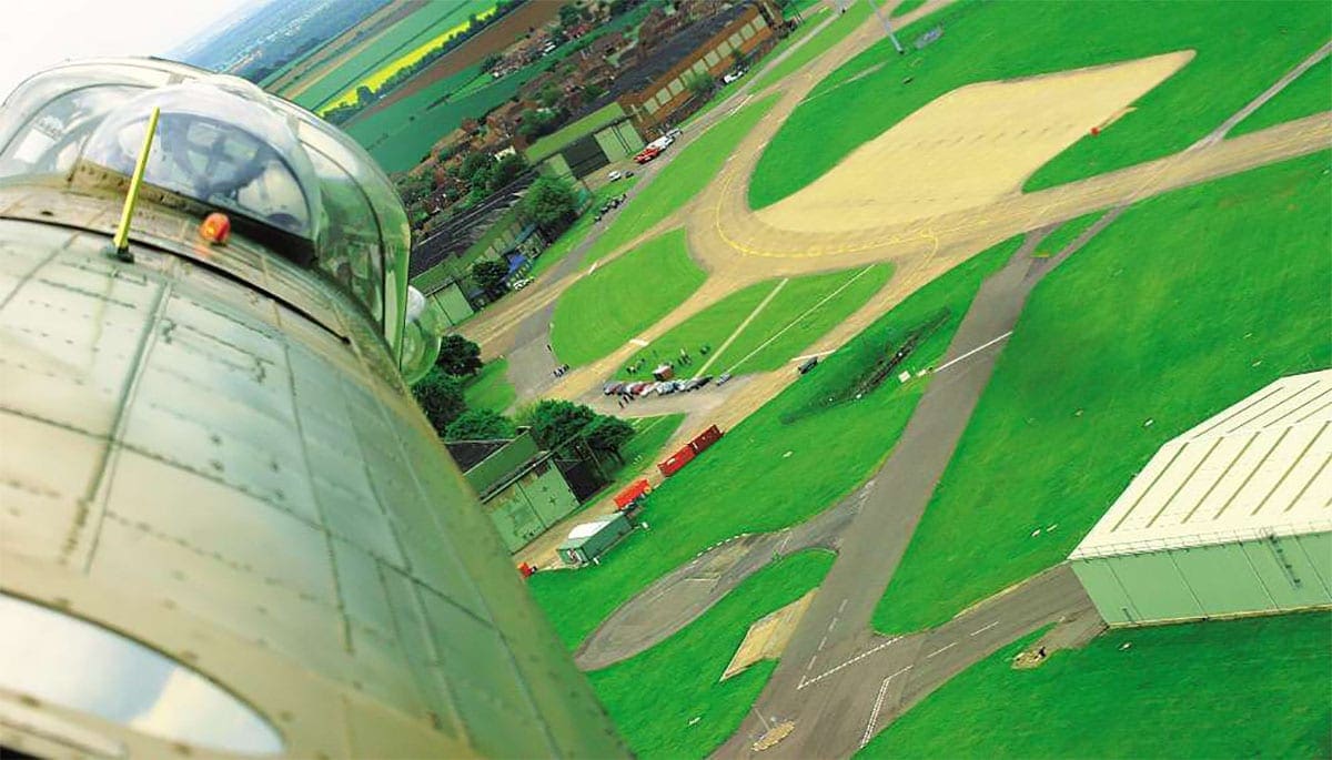 View from the mid-upper turret of PA474 as it flies over RAF Scampton on 16 May 2008 – the 65th anniversary of the Dams raid. Cpl Mark Crosby/Crown Copyright